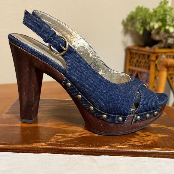 Xhilaration Y2K Block Platform Heels With Denim Upper Strap Blue Brown Size 9.5 - Picture 2 of 15